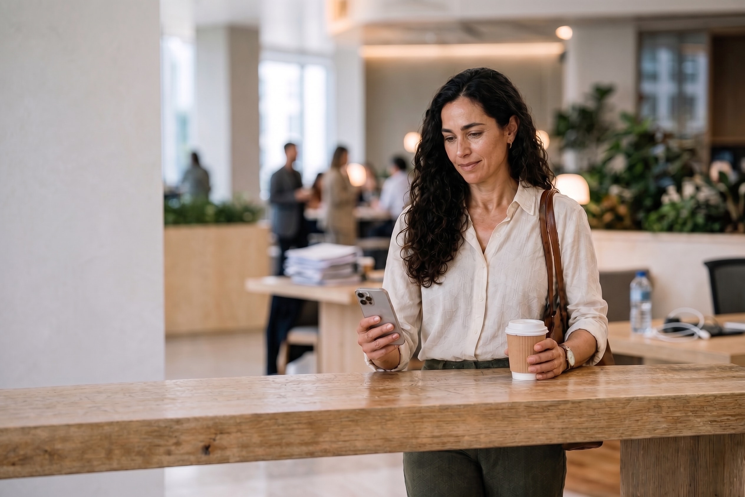 Mulher em uma rotina de trabalho olhando o celular enquanto segura um café