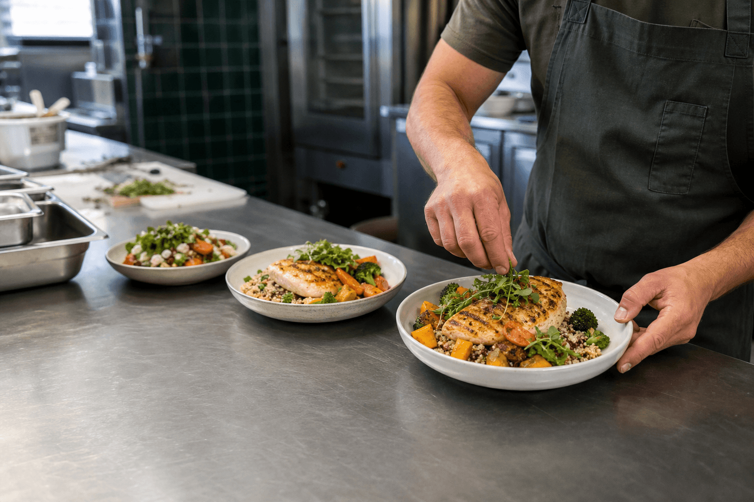 Profissional finalizando refeições em uma cozinha de restaurante